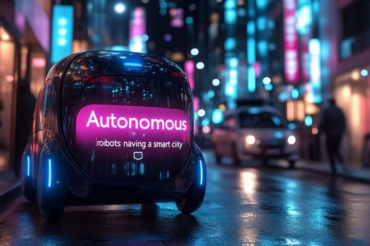 A self-driving vehicle moves through a bustling smart city at night, surrounded by colorful neon signage and people walking.