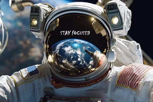 An astronaut floats in space with Earth visible in the helmet reflection, encouraging a message about staying focused while working.