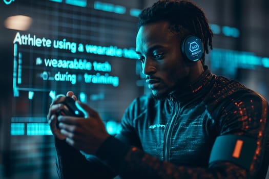 Focused athlete in a dark training environment interacts with wearable tech, monitoring performance metrics displayed on screens.