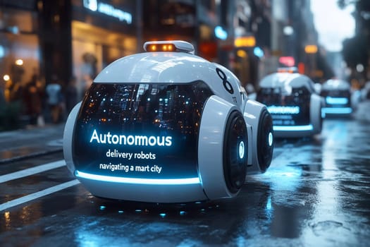 A line of delivery robots moves down a wet city street, showcasing advanced technology while bustling pedestrians pass by.