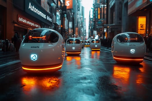 Autonomous vehicles equipped with glowing features cruise through a lively urban area during the evening, reflecting city lights.