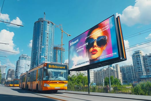 A public bus passes by a large, colorful billboard showcasing an eye-catching advertisement in a busy city amid tall buildings.