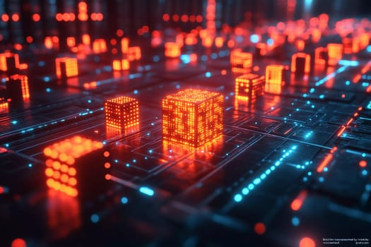 Glowing red and blue cubes create a stunning visual on a circuit board, showcasing advanced technology in a digital landscape.