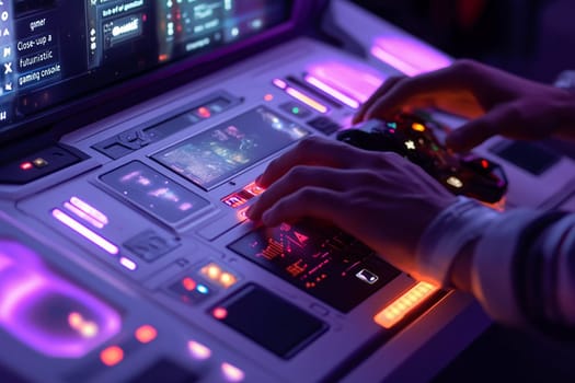 Fingers expertly navigate a high-tech gaming console while colorful lights illuminate the surroundings in an immersive atmosphere.