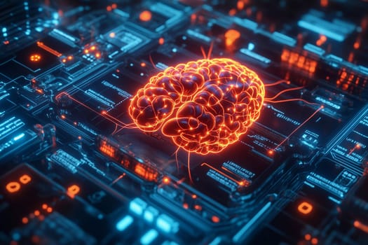 An intricate neon brain design rests on circuits, showcasing glowing pathways in a futuristic environment filled with technology.