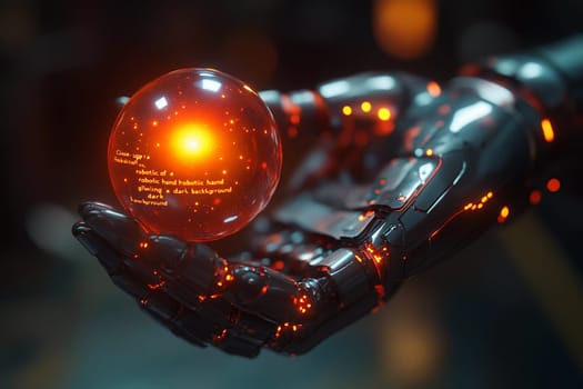 A robotic hand demonstrates advanced technology by holding a glowing orb in a dark setting, emphasizing innovation and creativity.