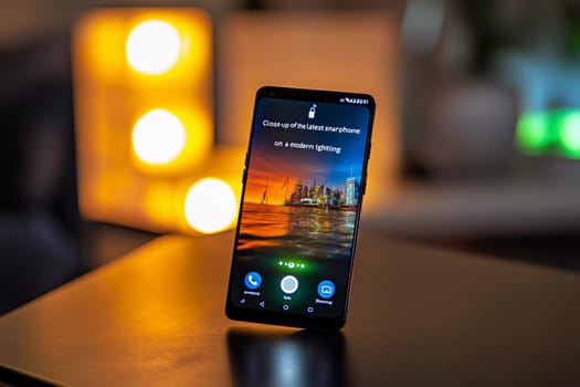 A contemporary smartphone displays a stunning city skyline on its screen, illuminated by warm modern lights in a cozy setting.
