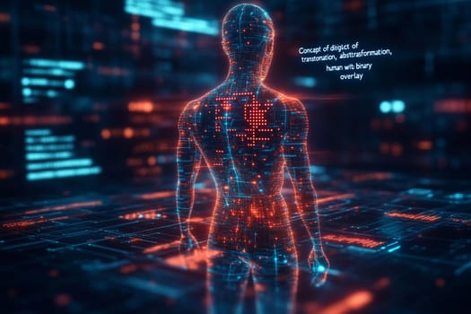 A human figure composed of digital elements stands amidst a backdrop of glowing data, representing transformation and abstraction in technology.