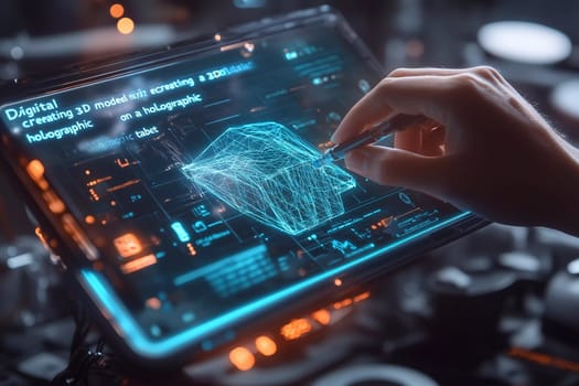 A hand skillfully manipulates a holographic tablet to create intricate 3D models in a dynamic, high-tech environment filled with screens and gadgets.