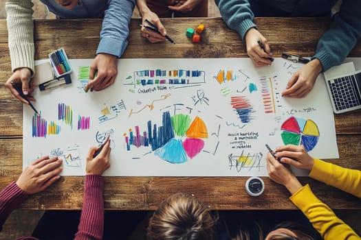 Several individuals are engaged in a creative workspace, illustrating graphs and brainstorming ideas with colorful markers and paper.