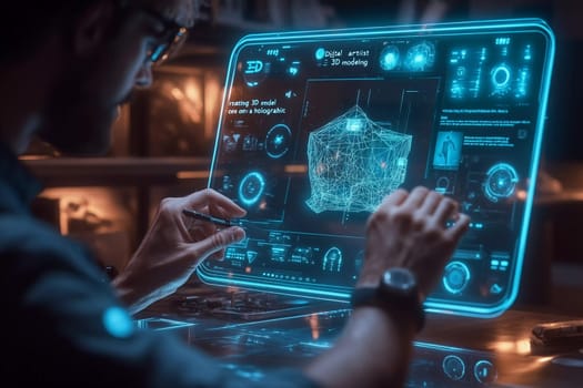 A person is engaged in 3D modeling on a futuristic holographic display in a dimly lit workspace, concentrating on the delicate details.