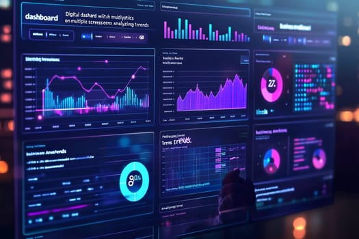 A high-tech dashboard displays various data visualizations and analytics trends in a contemporary office setting at night.