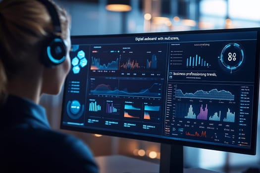 A data analyst focuses on multiple screens displaying business statistics and trends in a sleek office environment.