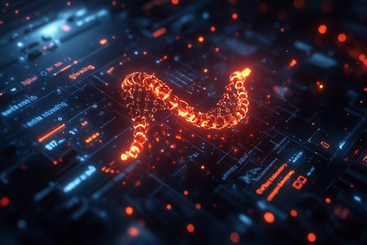 A glowing serpent elegantly moves across a dark, high-tech interface covered in digital elements, captivating viewers with its intricate glow.