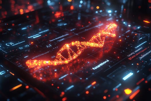 Glowing DNA double helix structure displayed on a modern digital interface with vibrant lights in a tech-themed environment.