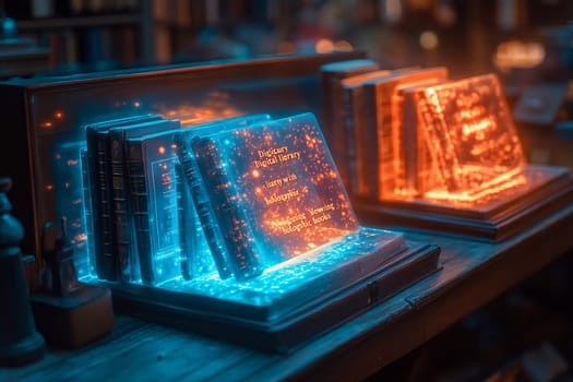 A cozy reading area showcases glowing holographic books, creating a magical atmosphere filled with knowledge and technology.