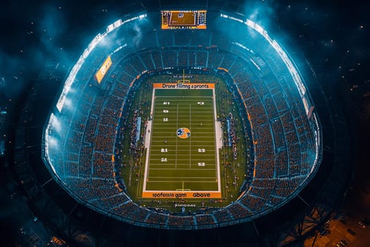 The stadium showcases a lively atmosphere filled with fans as a game unfolds under bright lights and swirling smoke.