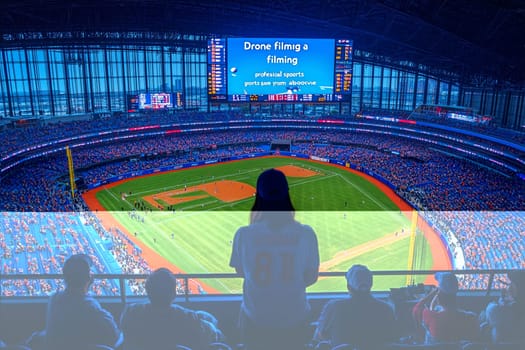 A crowd watches as a drone films a baseball game in an illuminated stadium, creating an exciting atmosphere during nighttime sports.