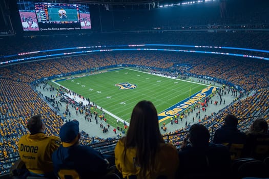 Lively atmosphere as fans eagerly watch the intense football match at a crowded stadium, showcasing team pride and passion.