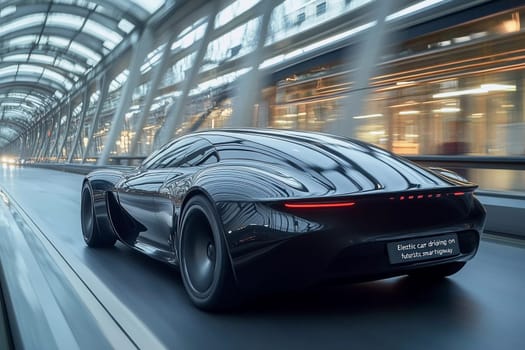 A sleek electric car glides along a futuristic highway surrounded by glass and metal architecture in broad daylight.