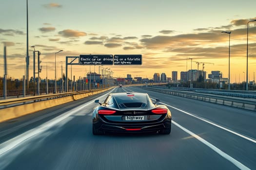 A sleek electric car travels along a modern highway during sunset, with an urban skyline and vivid colors in the background.