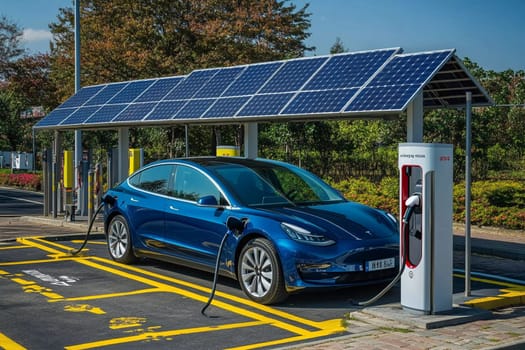 A blue electric vehicle is charging at a station powered by solar panels in a green outdoor environment, showcasing sustainable energy use.