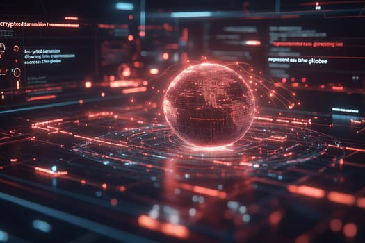 A glowing globe made of interconnected lines sits at the center of a high-tech interface filled with red light, showcasing advanced technology.