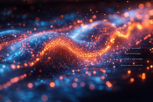 Vibrant waves of energy flow dynamically across a dark background, showcasing glowing particles and a mesmerizing light display.
