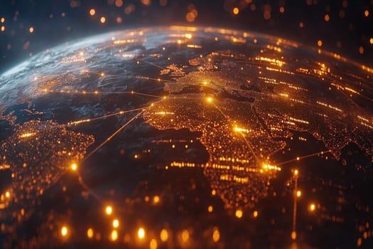 Nighttime view of Earth showcasing bright cities and illuminated network connections, highlighting global connectivity from space.