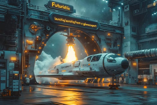 A spacecraft is launching from a glowport under a futuristic structure at night, with flames visible and advanced technology all around.