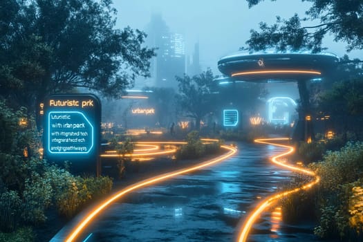 A vibrant urban park showcases advanced technology amidst greenery, with glowing pathways and interactive installations under a misty sky.