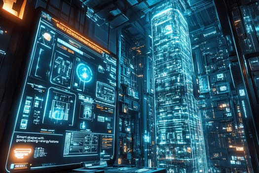 Bright blue lights illuminate the towering structures in a high-tech urban setting, showcasing intricate data displays and virtual interfaces.
