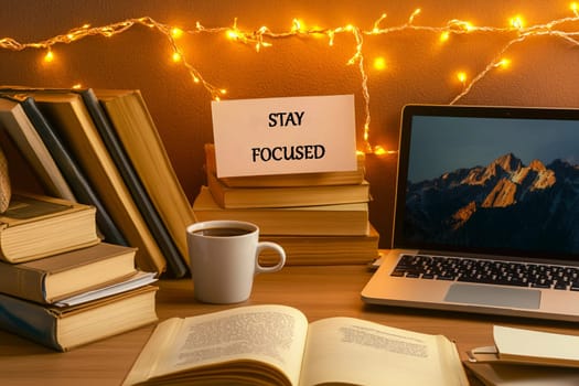 A cozy workspace features stacked books, a steaming coffee cup, a laptop displaying mountains, and a motivational sign emphasizing focus.