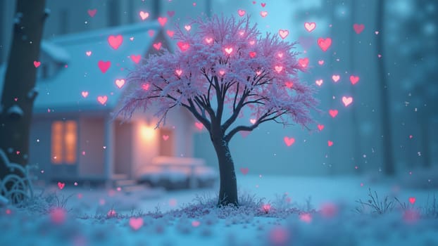 A tree with pink blossoms and hearts falling from it. The tree is surrounded by snow and is near a house. Concept of love and warmth, as the tree is a symbol of growth and new beginnings