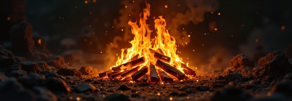 Night landscape with a burning fire. Website banner