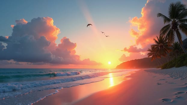 A beautiful sunset over the ocean with a bird flying in the sky. The sky is filled with clouds and the sun is setting. The beach is calm and peaceful, with the waves gently lapping at the shore