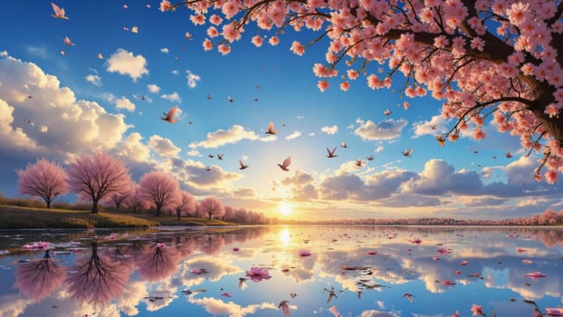 A beautiful scene of a lake with pink cherry blossoms and birds flying in the sky. The birds are scattered throughout the sky, with some flying close to the water and others flying higher up