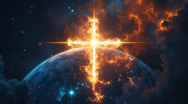A glowing cross is on a blue planet. The cross is lit up and he is shining brightly