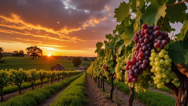 Landscape with vineyard at sunset