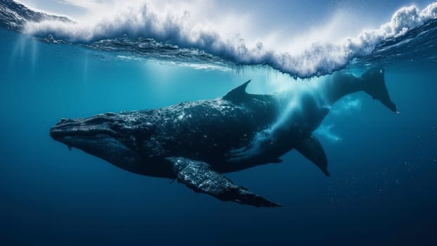 A whale is swimming in the ocean. The water is blue and the sky is clear. The whale is surrounded by bubbles, which are created by the water splashing around it