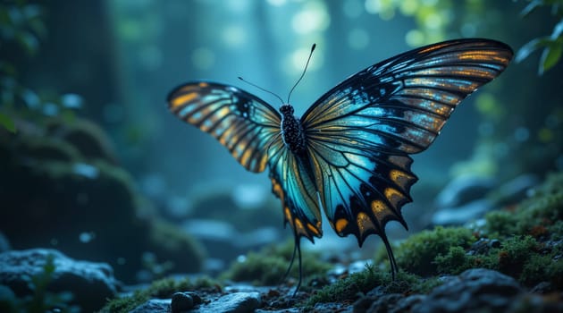 A butterfly with blue wings is standing on a rock. The butterfly is surrounded by green moss and rocks. The image has a serene and peaceful mood, as the butterfly is standing still and not flying
