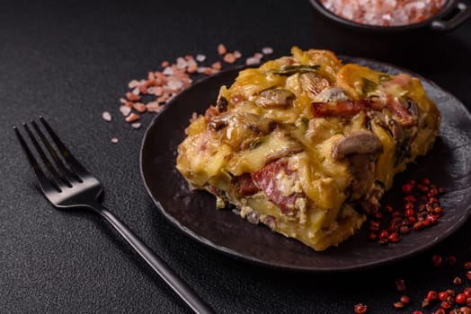Shepherd's pie with potatoes, meat, vegetables, salt, spices and herbs on dark concrete background