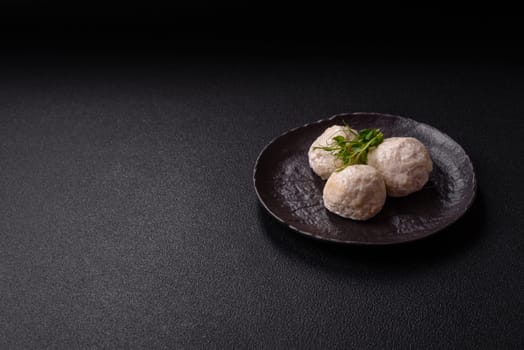 Delicious healthy steamed chicken cutlets or minced meatballs. Diet food dish