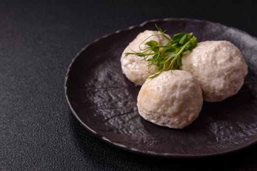 Delicious healthy steamed chicken cutlets or minced meatballs. Diet food dish