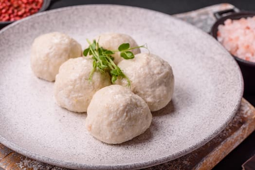 Delicious healthy steamed chicken cutlets or minced meatballs. Diet food dish