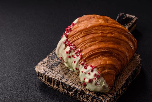 Crispy sweet red croissant with pistachio, raspberry and strawberry on a dark concrete background