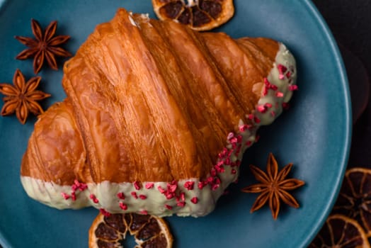 Crispy sweet red croissant with pistachio, raspberry and strawberry on a dark concrete background