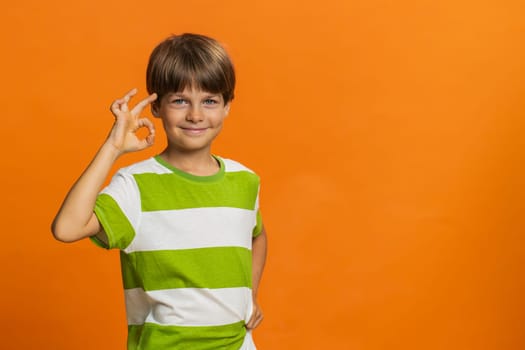 Okay. Happy young preteen child boy kid looking approvingly at camera showing ok gesture, like sign positive feedback, approve something good, celebrate victory. Little children on orange background