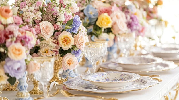 Elegant royal dining table adorned with luxurious floral arrangements for wedding or event, vintage tableware, and candles in a classic English countryside manor, creating a romantic and sophisticated atmosphere idea