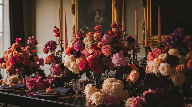 Elegant royal dining table adorned with luxurious floral arrangements for wedding or event, vintage tableware, and candles in a classic English countryside manor, creating a romantic and sophisticated atmosphere idea